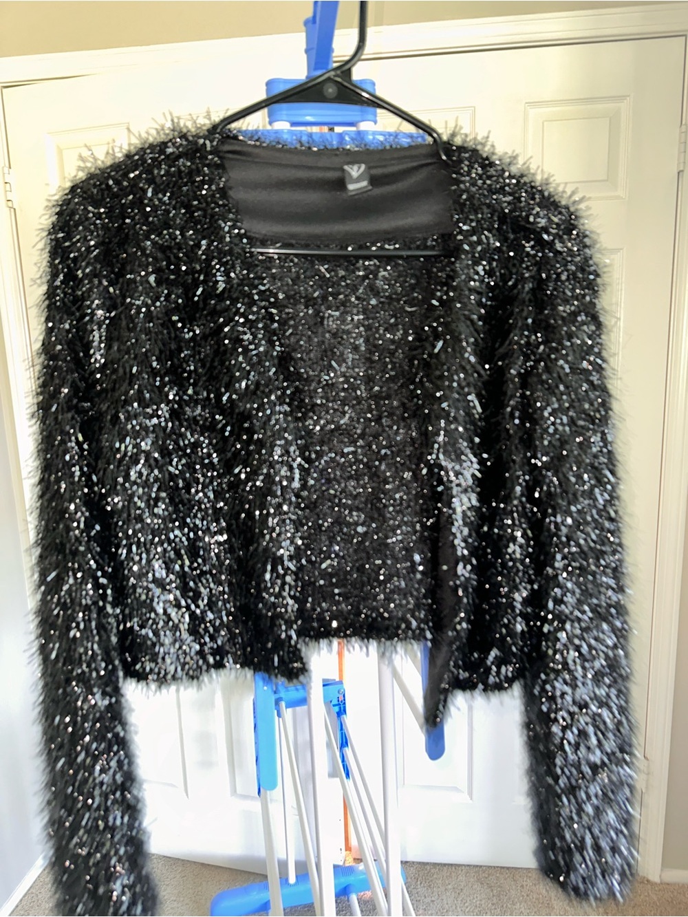 Black Shimmery Fuzzy Cropped Cardigan